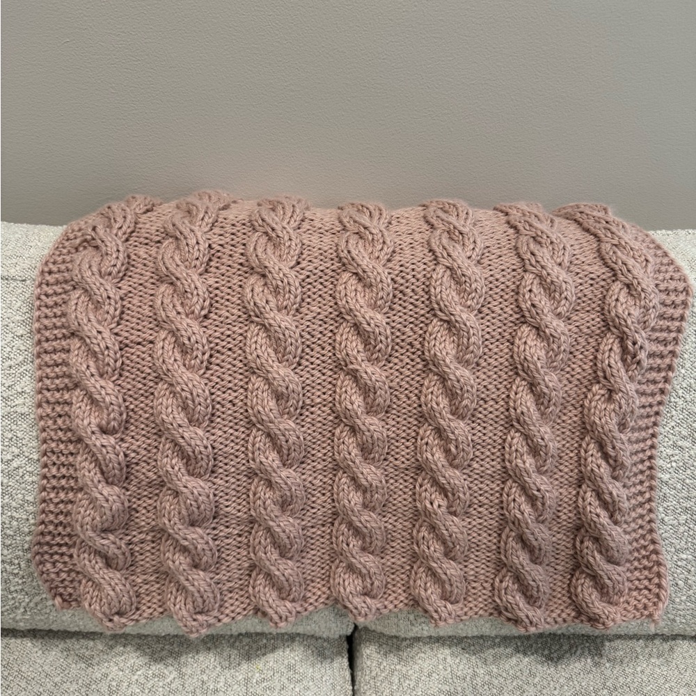 New Chunky Hand Knit Cable Blanket in Pink